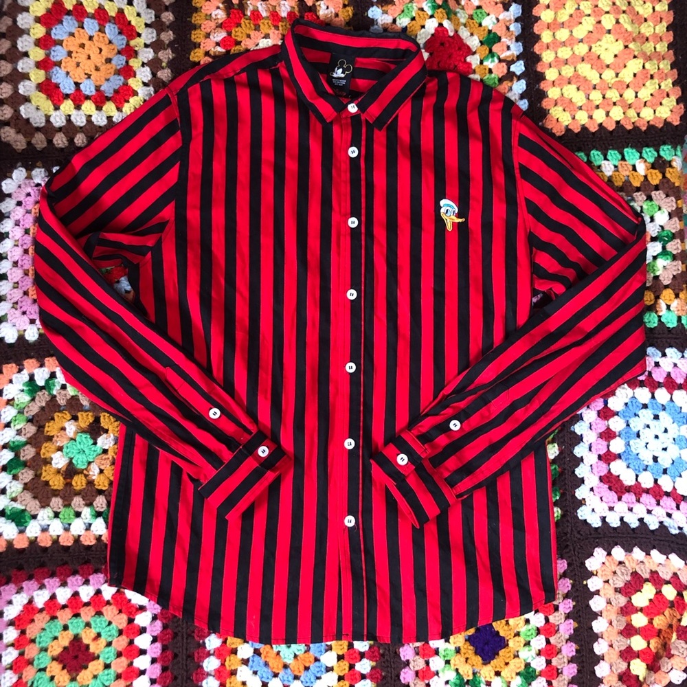 Mickey Mouse Disney Mens Black and Red Stripped Long - Sleeved Button Down Shirt